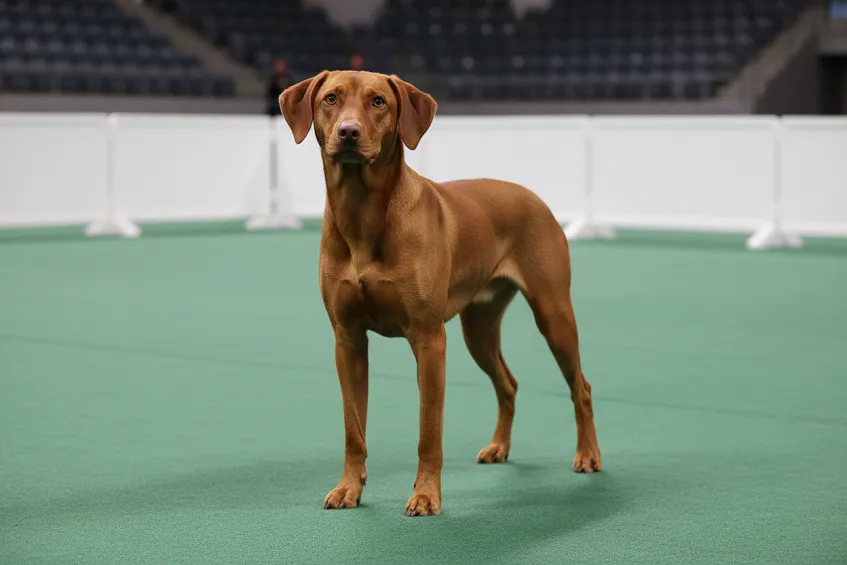 Un chien se tient seul sur le ring vert d'une exposition canine en intérieur