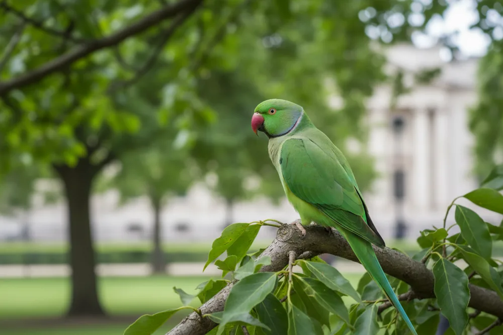 Perruche à collier verte au bec rouge, posée sur une branche d'arbre dans un parc.