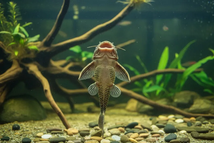Pleco agrippé par sa bouche en ventouse à la vitre d'un grand aquarium planté, nageoire dorsale déployée.