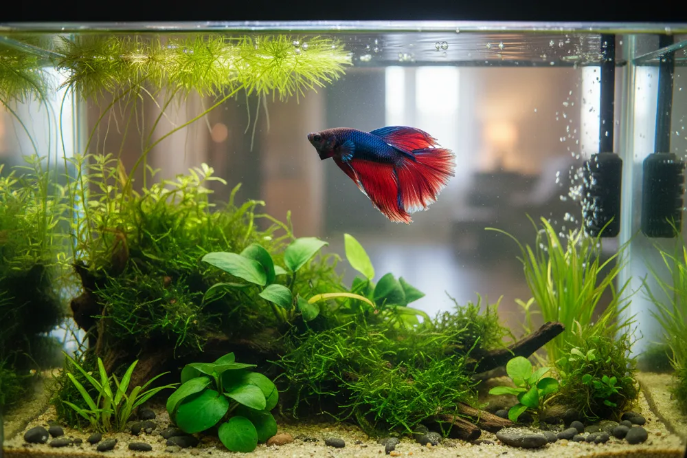 Poisson combattant rouge et bleu nageant dans un aquarium planté, feuillage vert et eau claire.