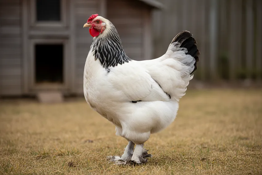 Poule brahma herminée de profil, grande taille et pattes emplumées