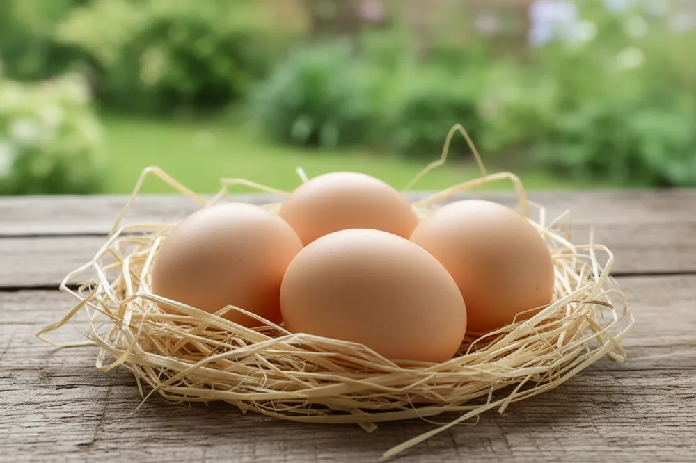 Œufs de poule coucou de Rennes, de couleur crème tirant sur le roux, dans un nid de paille