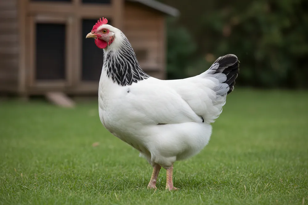 Poule sussex herminée debout dans une basse-cour, camail noir et corps blanc