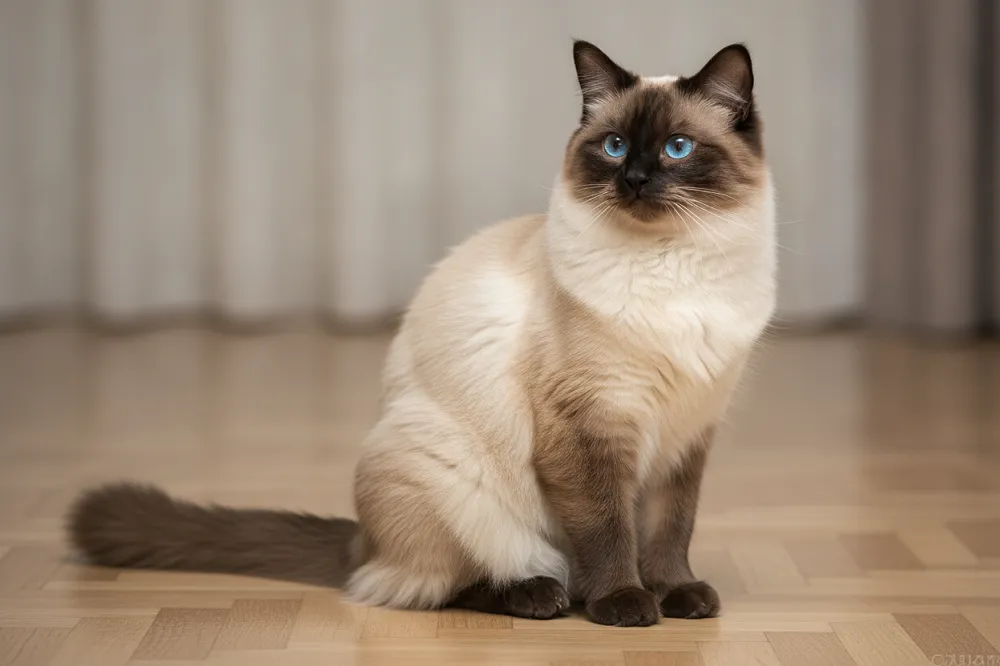 Chat Ragdoll adulte assis, au poil semi-long et aux yeux bleus.