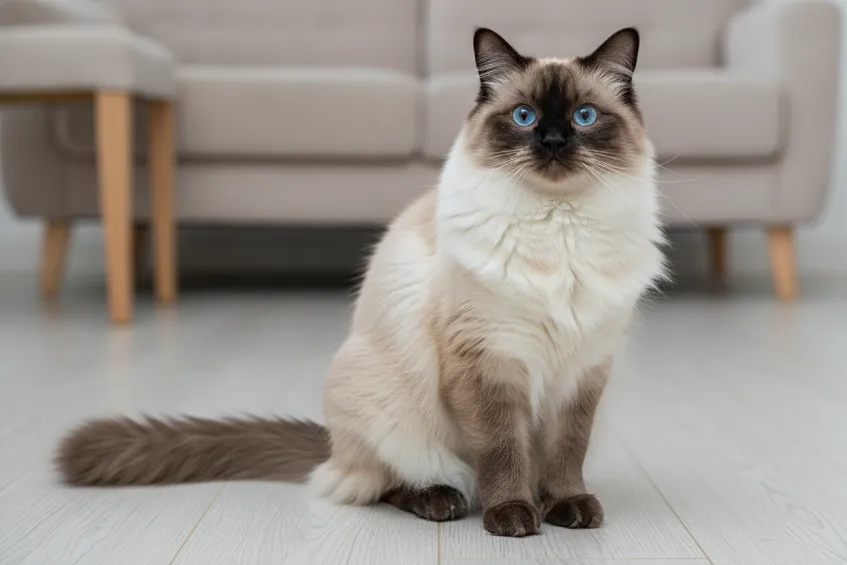 Perruche n'est pas le nom d'une espèce 2 Chat Ragdoll adulte assis, au poil semi-long et aux yeux bleus.
