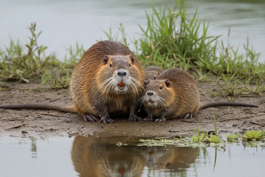Ragondin adulte et deux jeunes sur une berge boueuse, au bord d'une eau calme bordée de roseaux.
