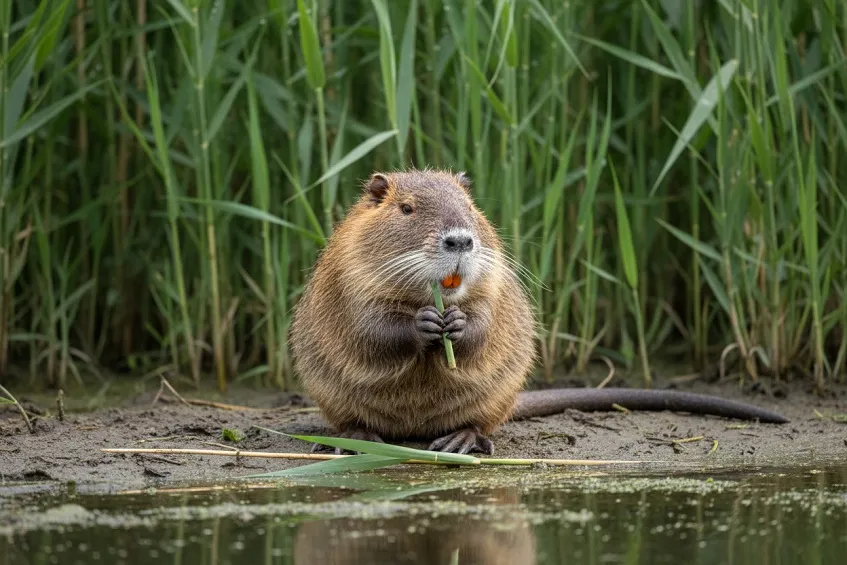 Ragondin assis sur une berge, une tige de roseau entre les pattes avant, en train de manger.