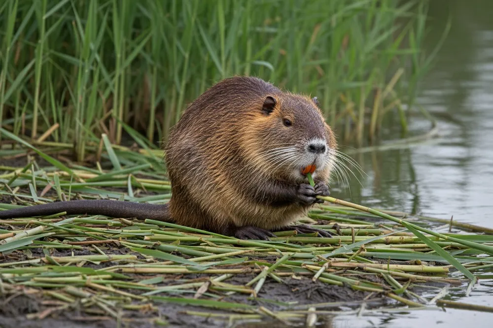 Ragondin assis au bord de l'eau parmi des tiges de roseau coupées : ce que mange un ragondin n'est qu'une partie de ce qu'il coupe.