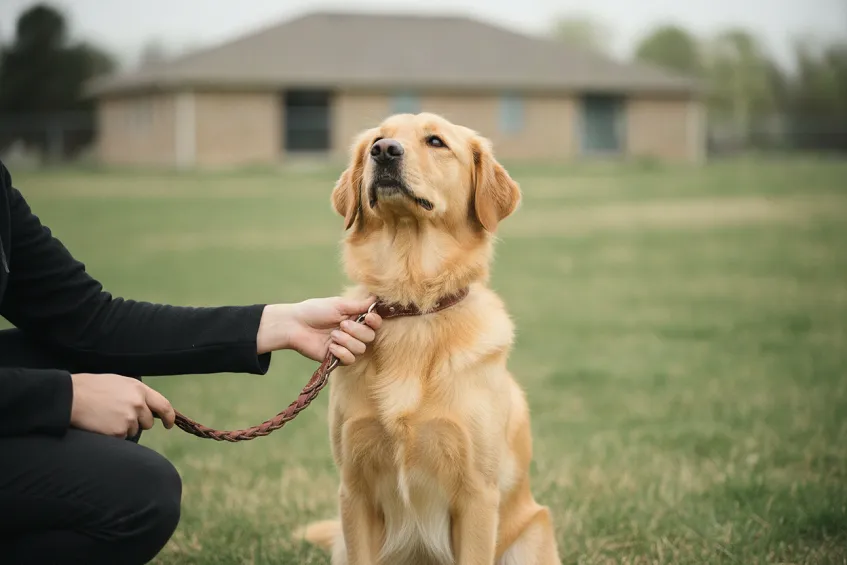 Prix pension chien : main tenant la laisse d'un chien calme au moment de le confier.