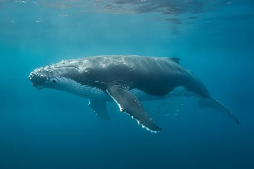 Baleine endormie flottant immobile sous la surface, dans une eau turquoise éclairée par le soleil.