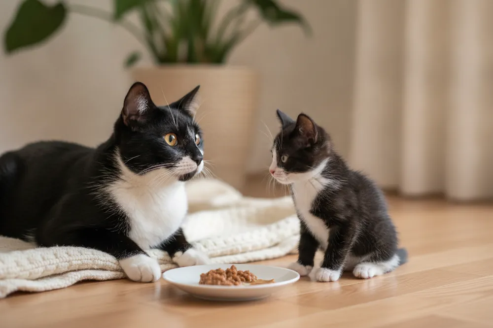 Chatte couchée face à son chaton, une assiette de pâtée posée entre eux