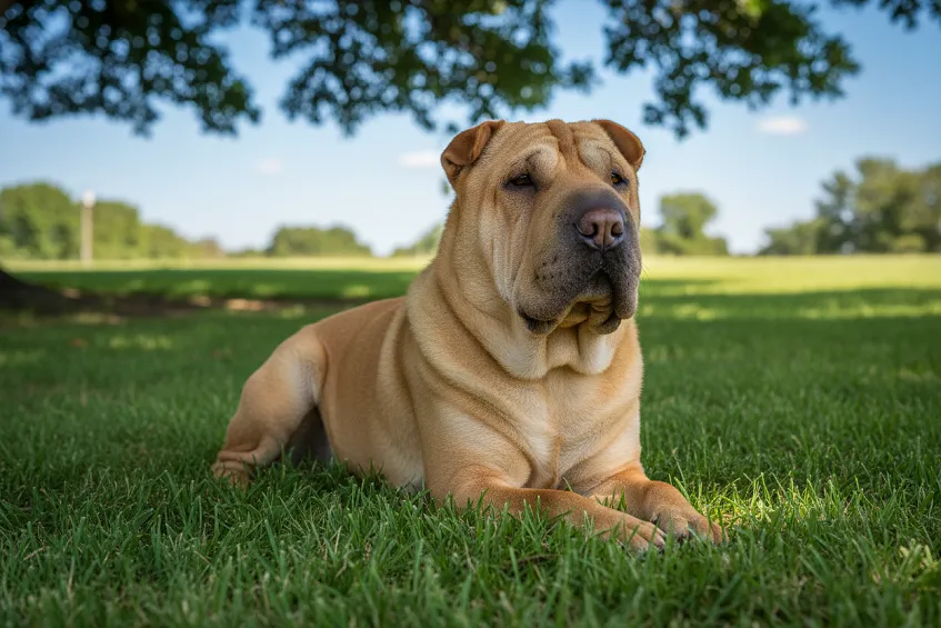 Shar pei couché à l'ombre sur l'herbe, tête relevée, par temps chaud