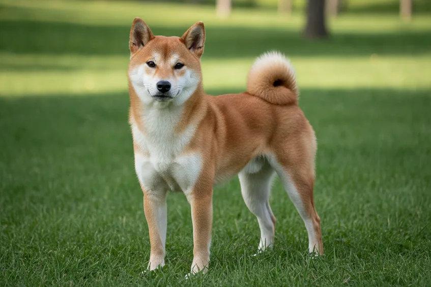 Shiba inu roux debout de face, oreilles dressées et queue enroulée.