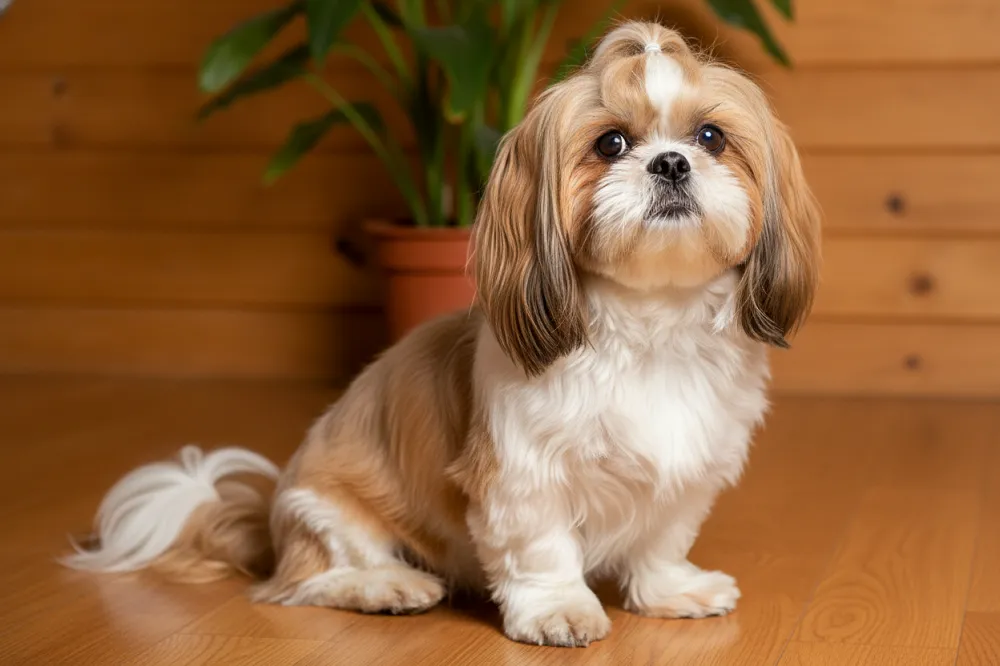 Shih tzu adulte assis, poil long soyeux et frange dégagée des yeux
