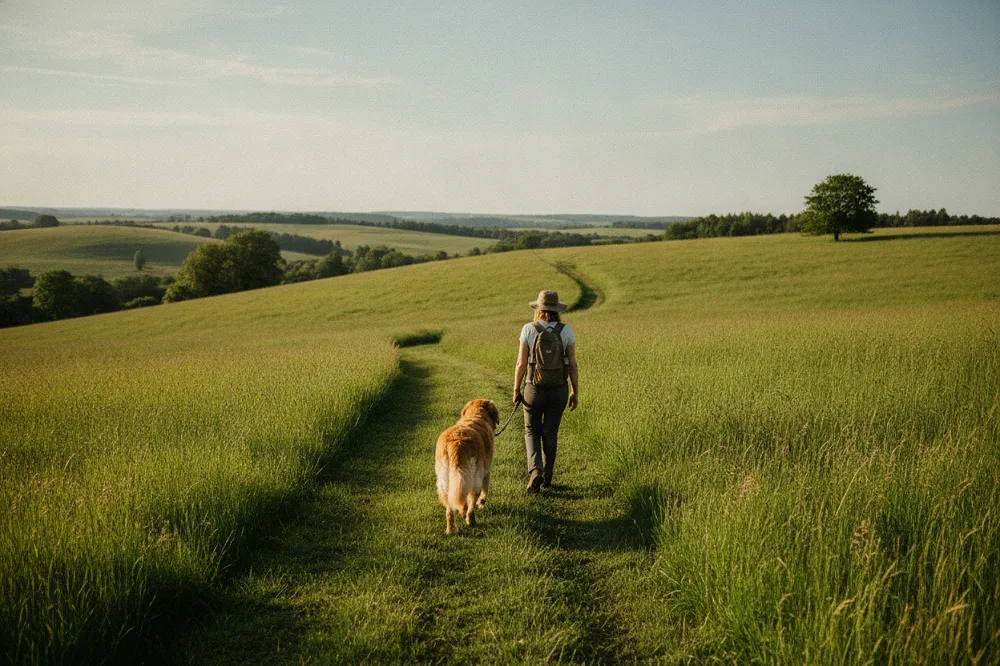 Prix pension chien : chien marchant sur un chemin herbeux à côté de son accompagnant.