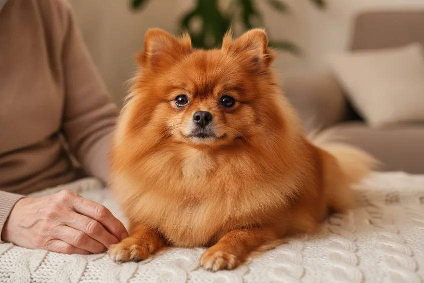 Exposition canine Luxembourg 2026 : le guide indispensable pour les exposants 2 Spitz nain assis sur une couverture près des mains de sa maîtresse