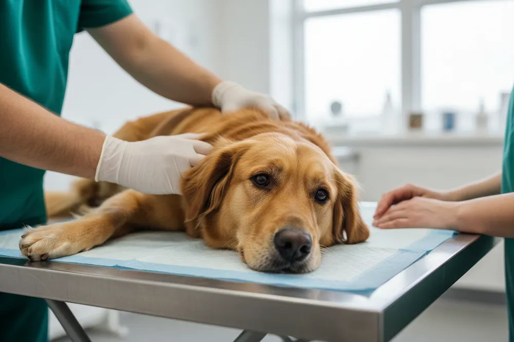 Stagiaire en blouse observant un vétérinaire pendant l'examen d'un chien en salle de consultation.