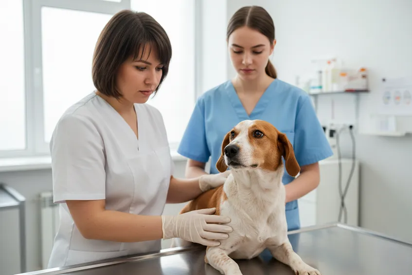 Stagiaire en blouse observant une vétérinaire pendant une consultation.