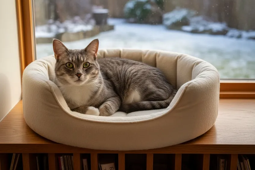 Chat âgé gris tigré installé dans un panier sur une couverture, près d’une fenêtre en hiver.