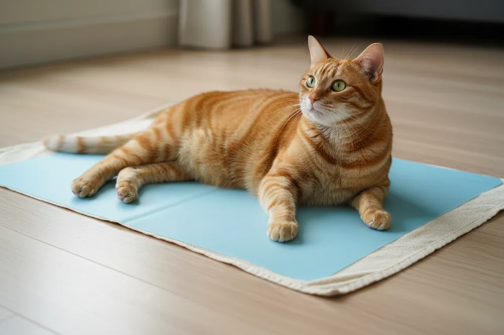 Chat allongé sur un tapis rafraîchissant chat recouvert d’un torchon fin, posé à son endroit favori.
