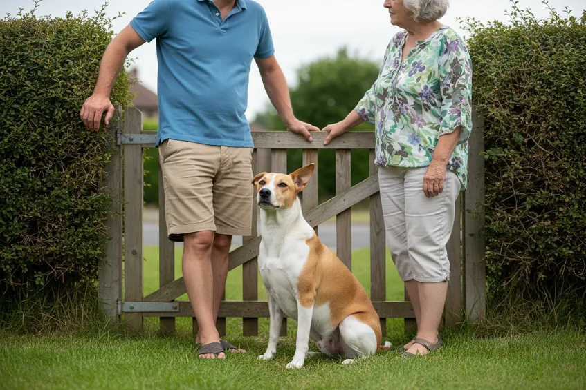 Deux voisins discutent calmement au portail du jardin, le chien assis tranquillement aux pieds de son maître.