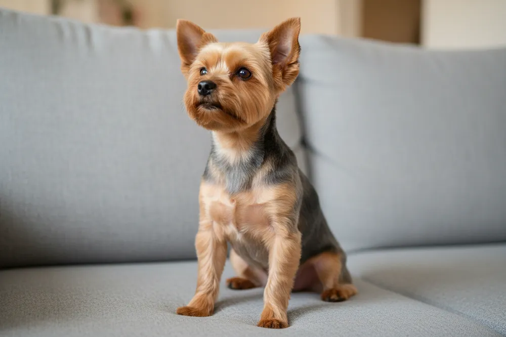 Yorkshire terrier en coupe courte assis sur un canapé, museau et pattes bien visibles.