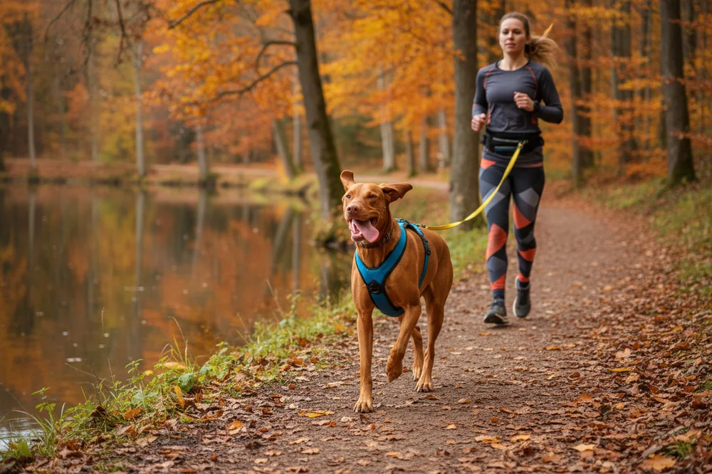 Course animal expo 2026 : une femme et son braque hongrois en canicross au bord d’un lac, dans un bois en automne