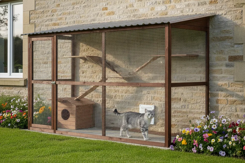 Catio : un chat entre dans un catio grillagé adossé à la maison par une chatière posée dans le mur
