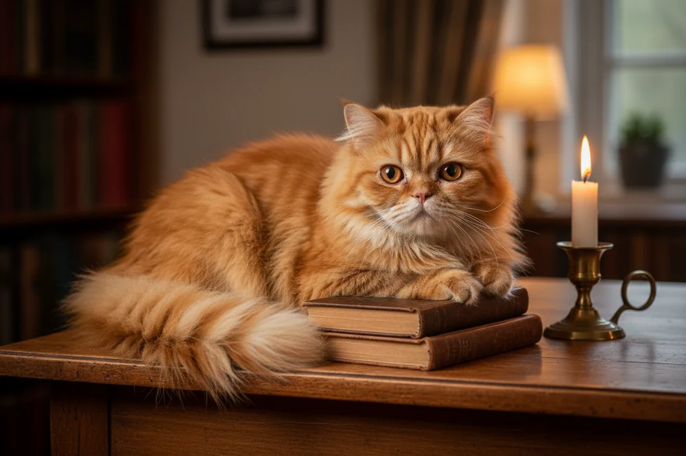 Chat Harry Potter : un chat roux à poil long, couché près de vieux livres et d'une bougie, l'allure de Pattenrond