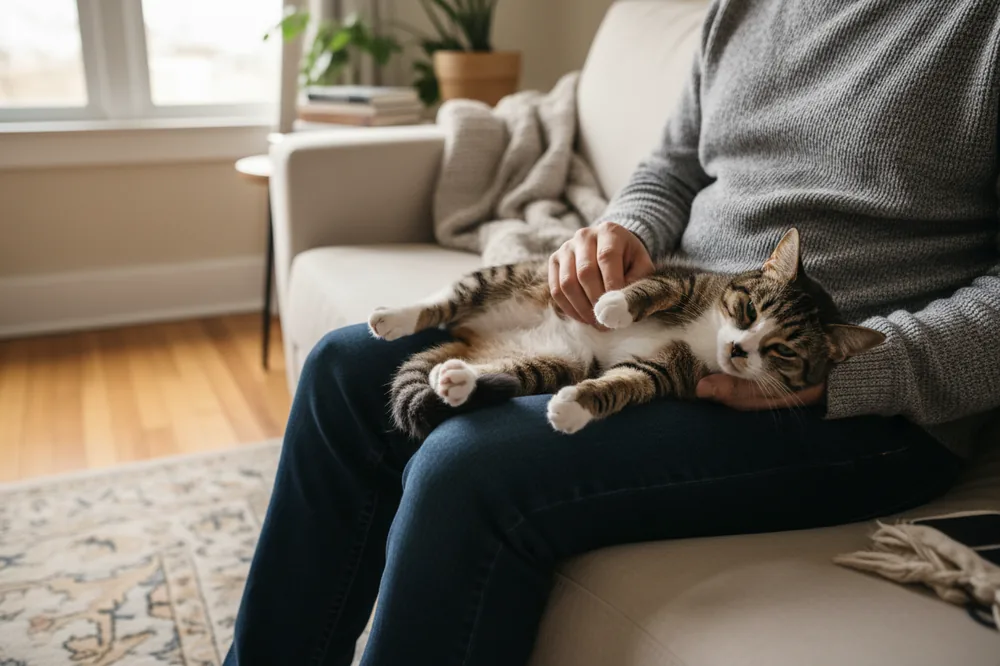 Couper les griffes de son chat : un chat tigré détendu sur les genoux de son maître, qui lui tient doucement la patte