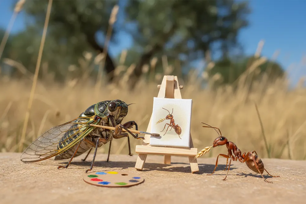 Une cigale peint une fourmi qui tient un grain de blé, sur une pierre au soleil