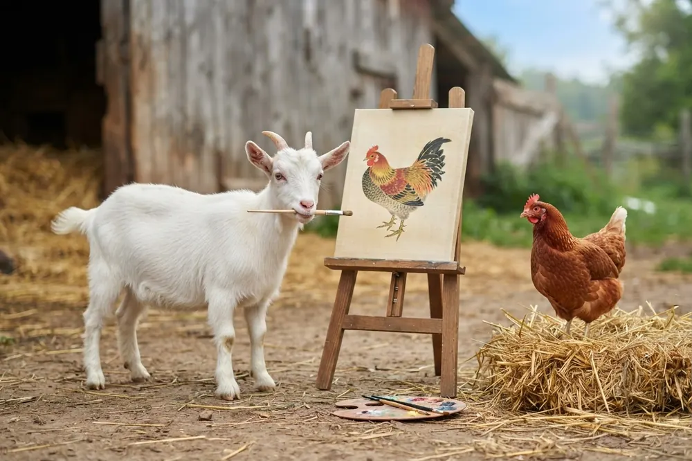Ce que ton rêve de renard veut te dire 3 Une chèvre peint une poule rousse dans une cour de ferme, façon peinture japonaise