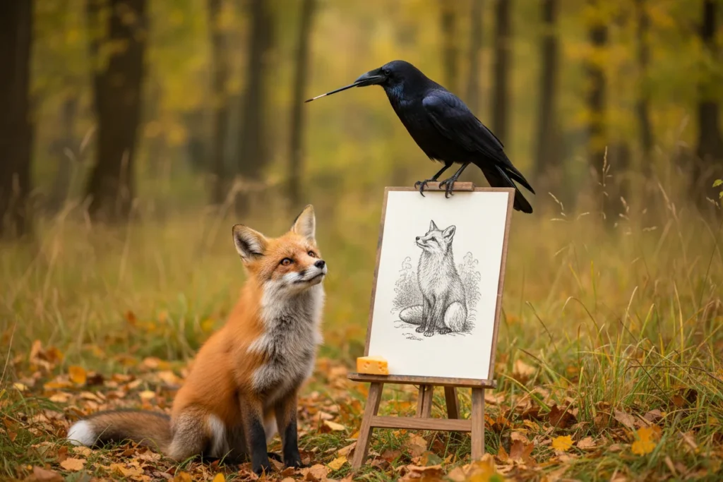 Dessin renard facile : un corbeau peint un renard à l'encre façon Grandville, le vrai renard le regarde d'en bas