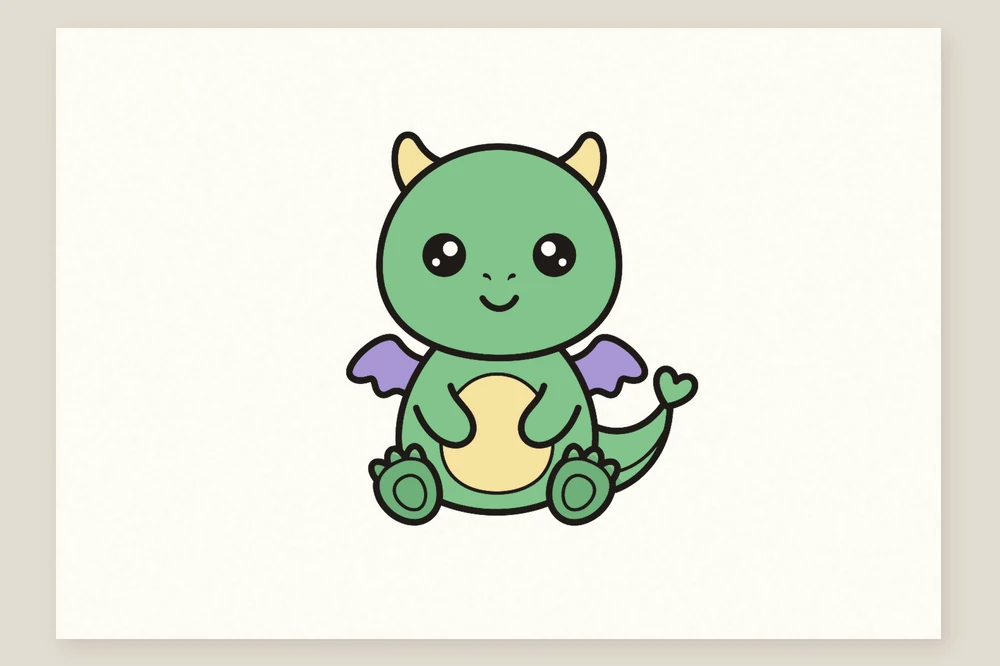 Dessin de bébé dragon kawaii colorié en vert, ailes violettes