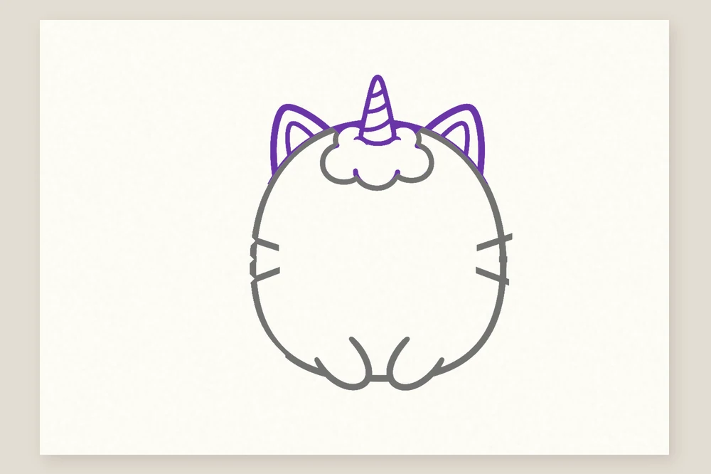 Dessin chat licorne étape 2 : les oreilles de chat et la corne