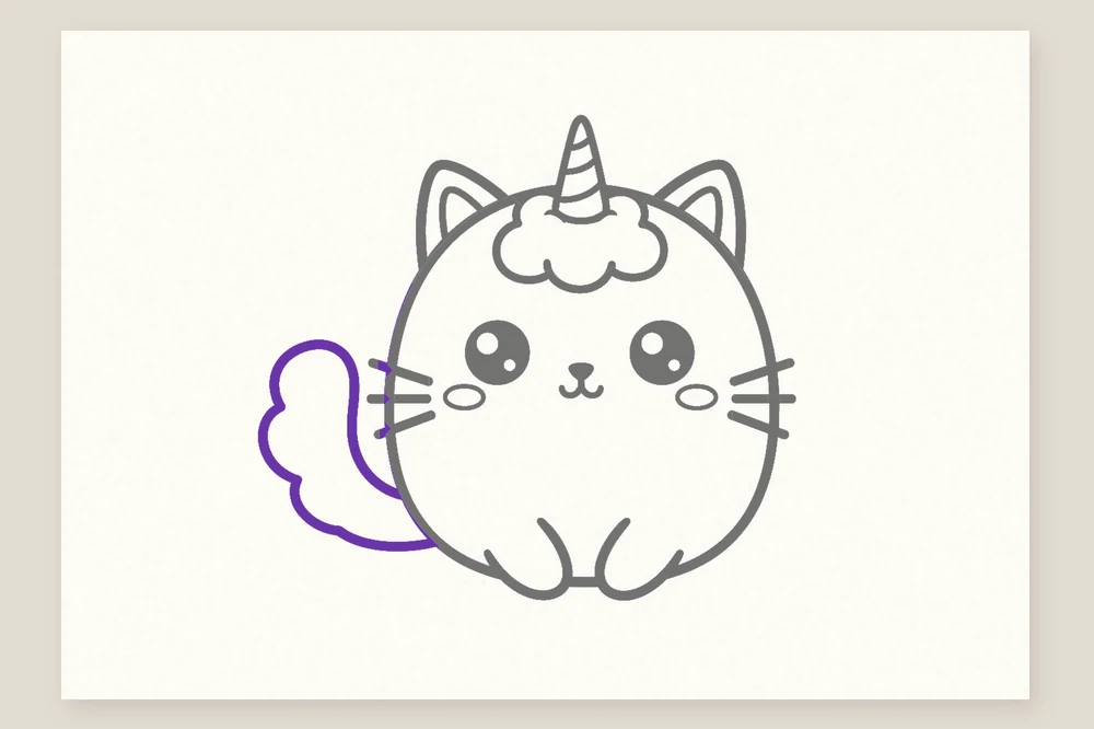 Dessin chat licorne étape 4 : les pattes et la grosse queue