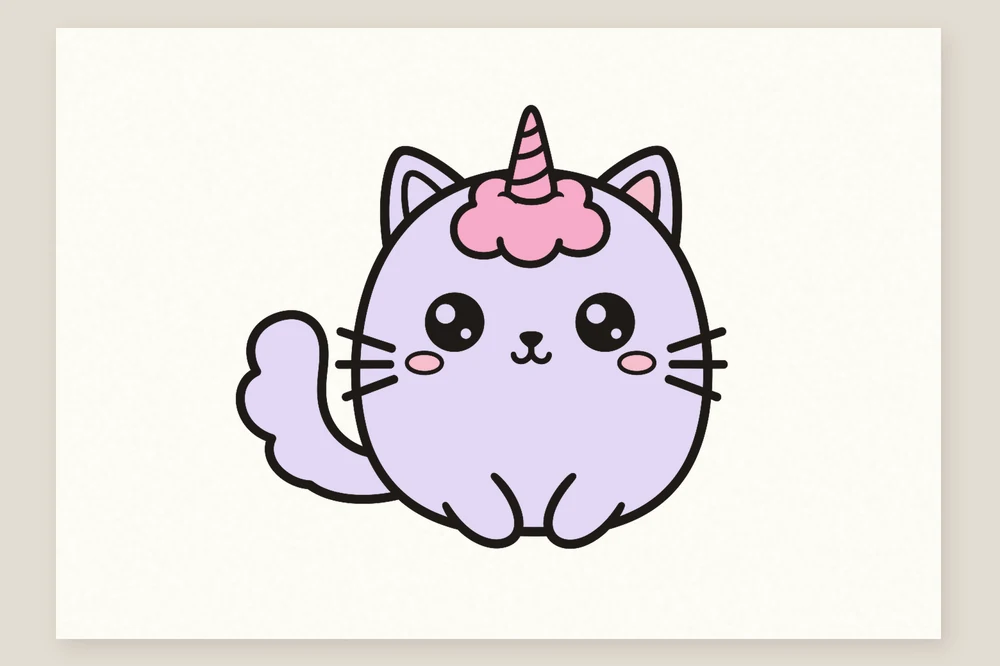 Dessin de chat licorne kawaii terminé en couleur, lilas et rose