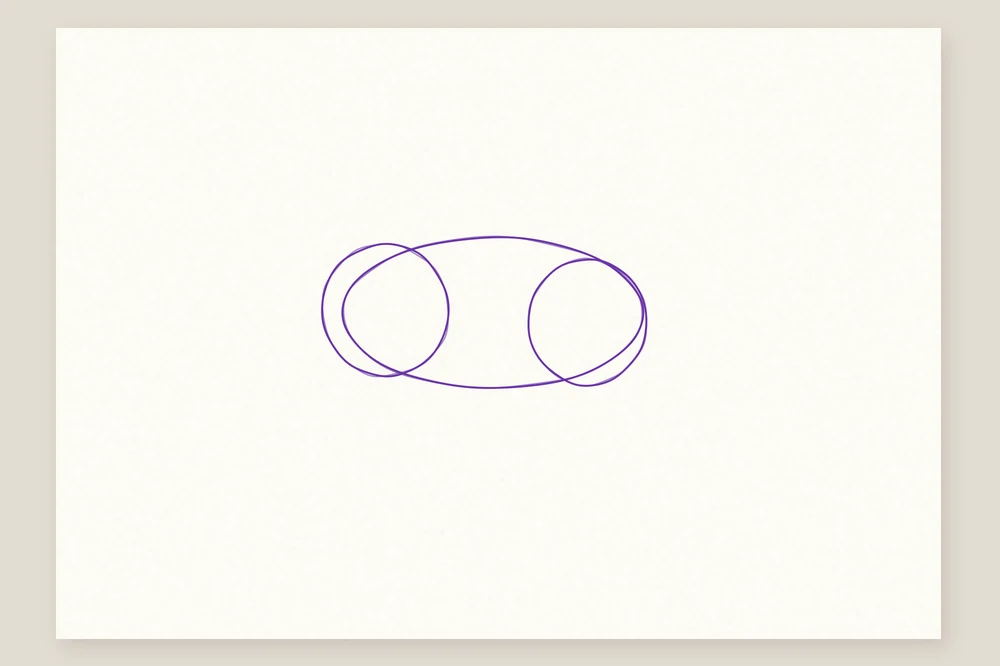 Comment dessiner un cheval : étape 1, un ovale pour le ventre et deux cercles pour le poitrail et la croupe