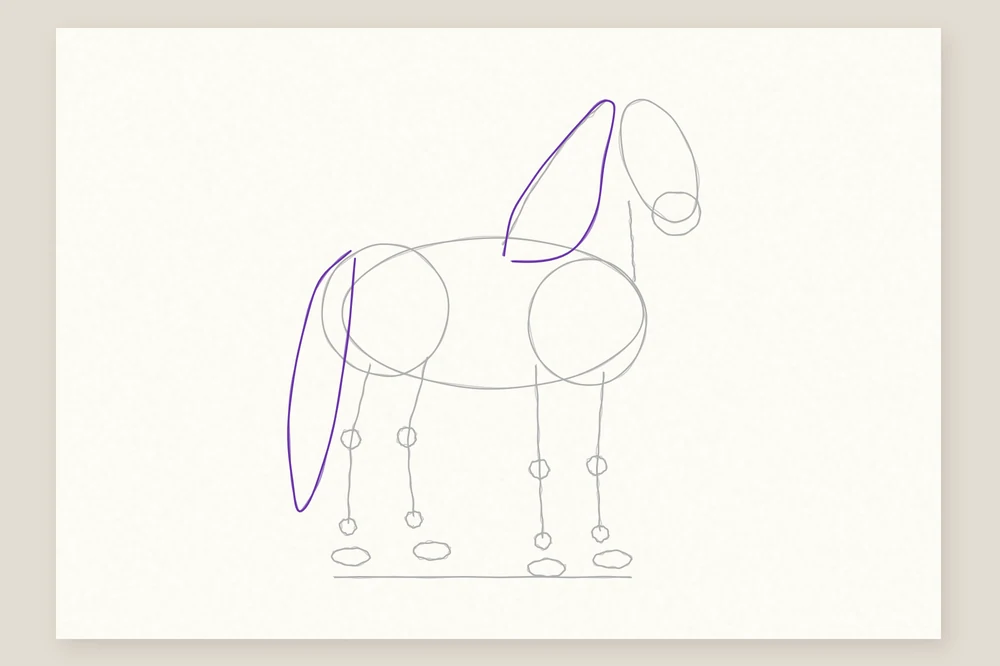 Dessin de cheval étape 4 : une bande pour la crinière, une goutte pour la queue
