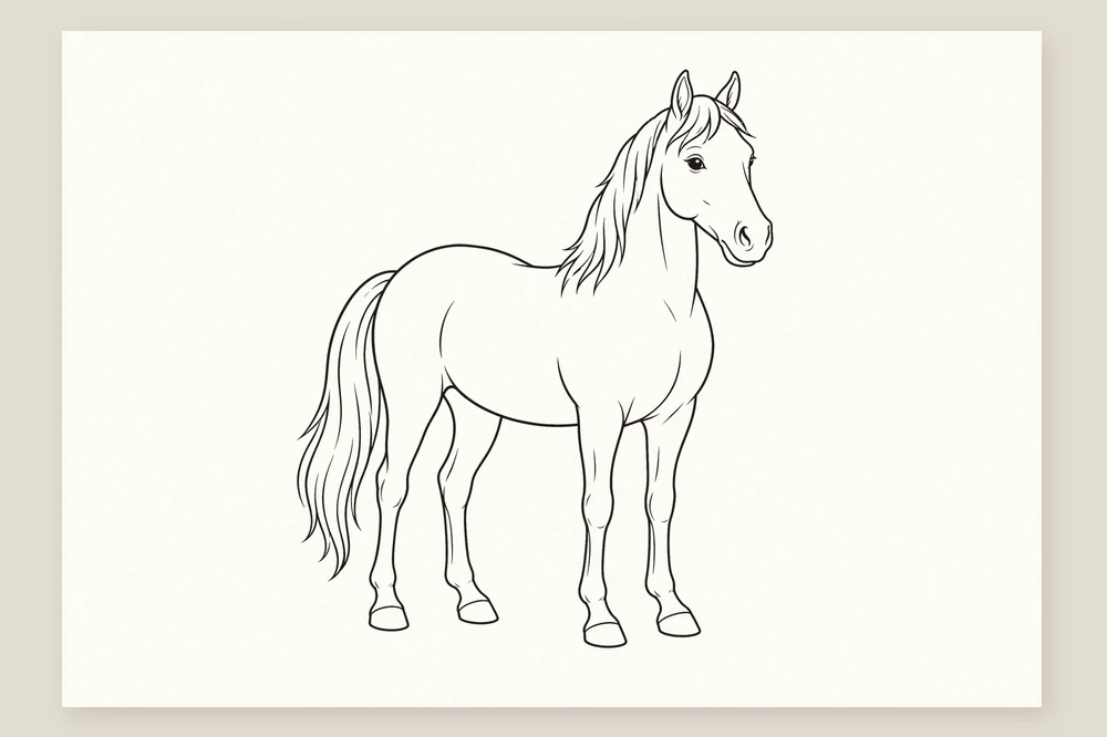 Dessin cheval facile : contour repassé à l'encre, mèches ajoutées, repères gommés