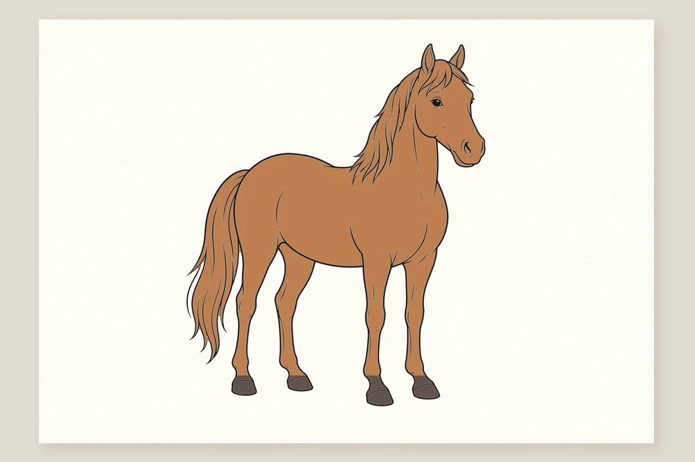 Dessin de cheval facile terminé et colorié en alezan