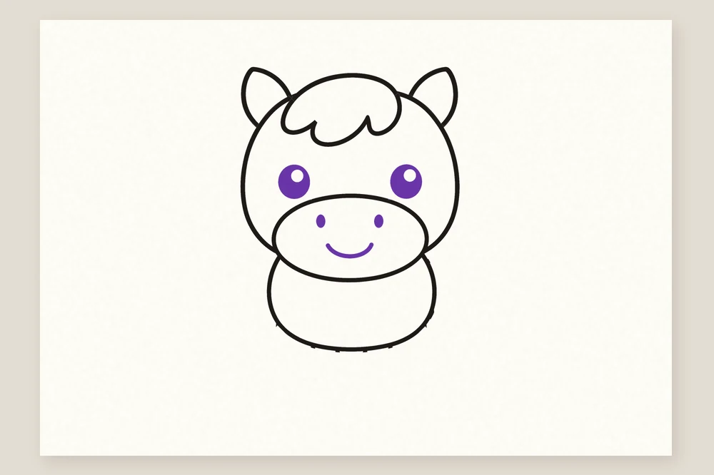 Dessin de poney simple pour enfant : gros yeux, naseaux et sourire