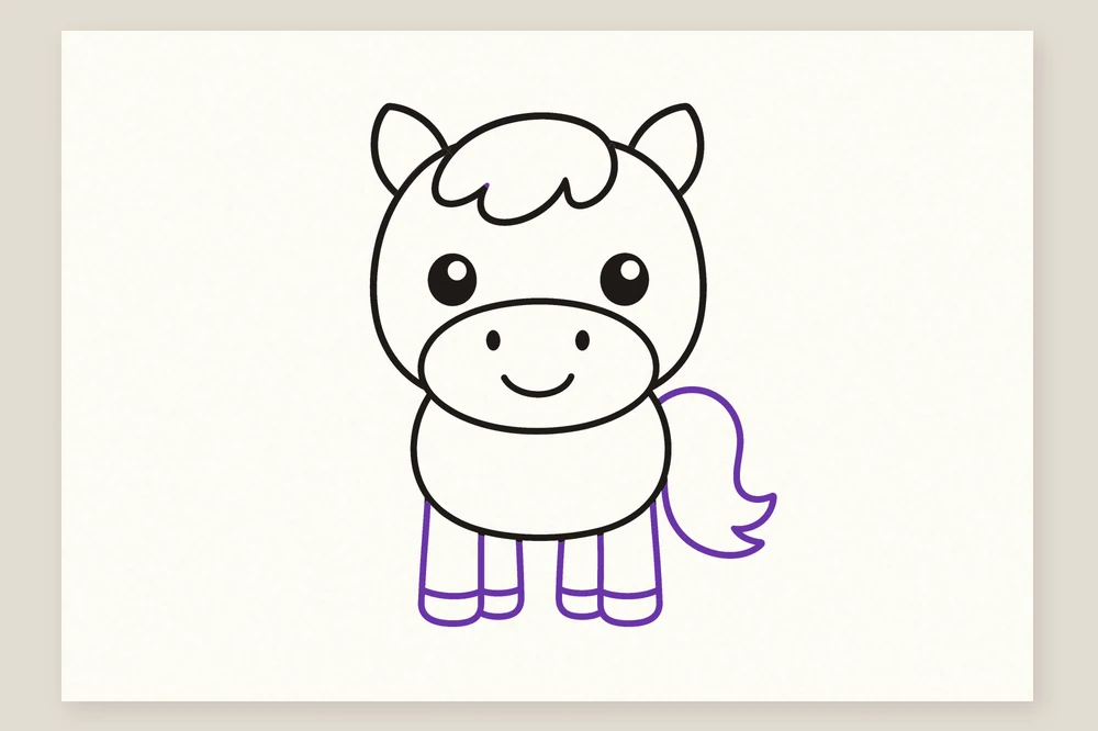 Dessin de poney simple pour enfant : quatre pattes droites avec leurs sabots et une queue