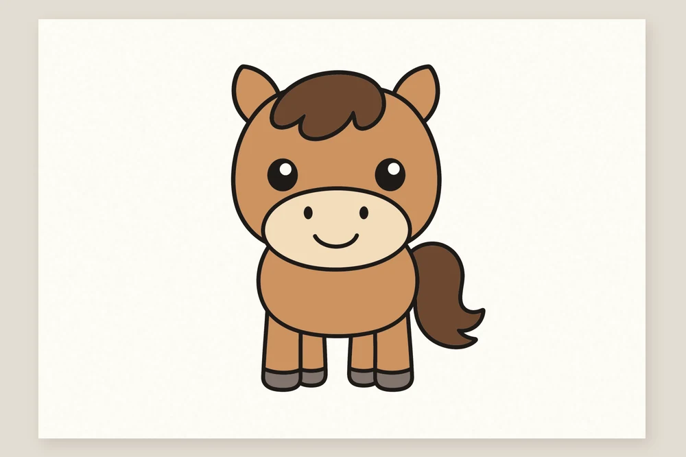 Dessin de poney kawaii facile pour enfant, colorié en brun avec un museau clair