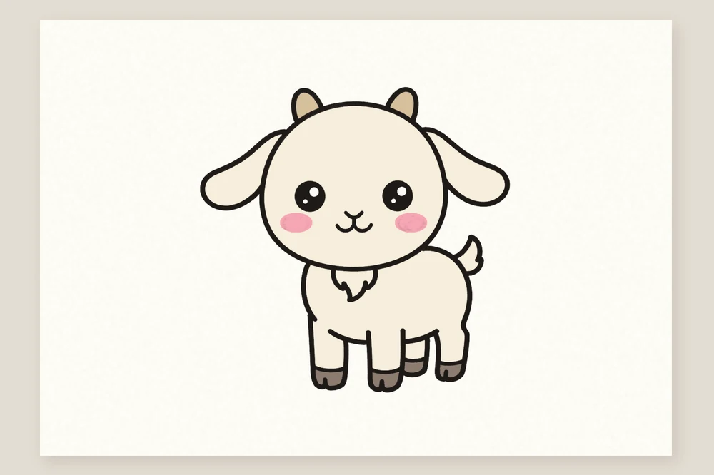 Dessin de chèvre kawaii pour enfant colorié en crème, cornes beige et joues roses