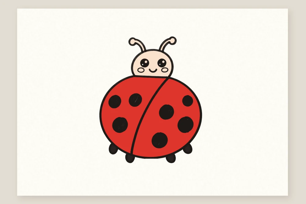 Dessin de coccinelle kawaii colorié en rouge, points noirs