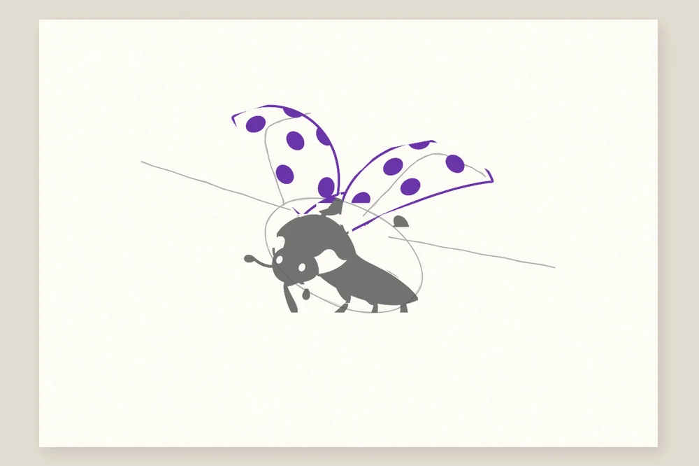 Coccinelle qui s'envole, étape 3 : les deux élytres levés, avec leurs points