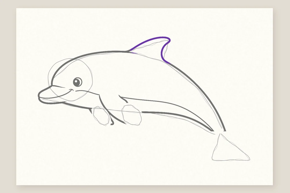 Dessin dauphin étape 4 : la nageoire dorsale courbée vers l'arrière
