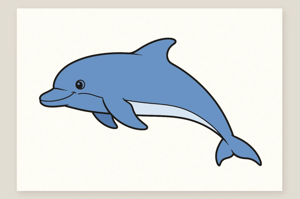Dessin dauphin en couleur terminé : dos bleu-gris, ventre clair, nageoires plus foncées