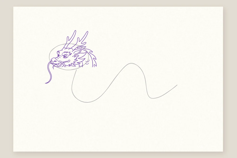 Dragon chinois, étape 2 : la tête avec ses cornes ramifiées, sa crinière et ses moustaches